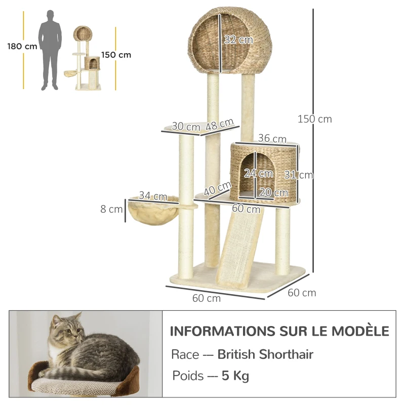 PawHut Arbre à chats griffoir sisal naturel 2 niches plateforme hamac peluche jacinthe d'eau - 60 x 60 x 150 cm beige
