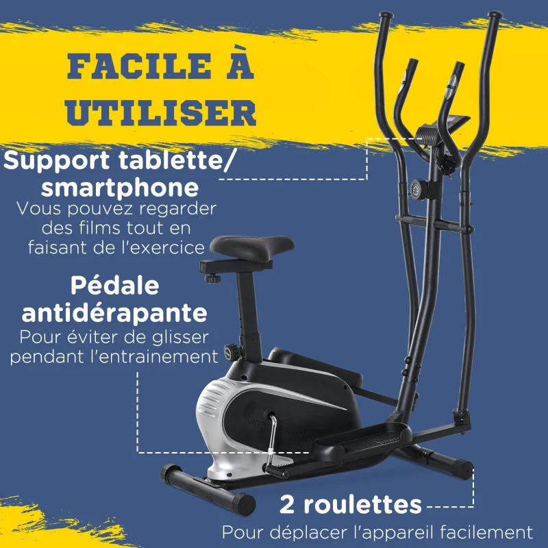 HOMCOM Vélo elliptique vertical vélo d'appartement 2 en 1 écran LCD multifonction hauteur & résistance réglable acier noir