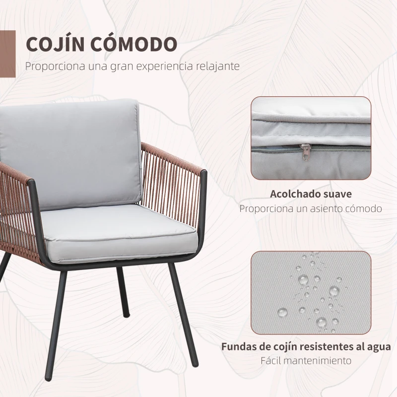 Outsunny Conjunto de Muebles de Jardín de Ratán 3 Piezas Incluye 1 Mesa y 2 Sillones con Cojines Acolchados Teca y Gris