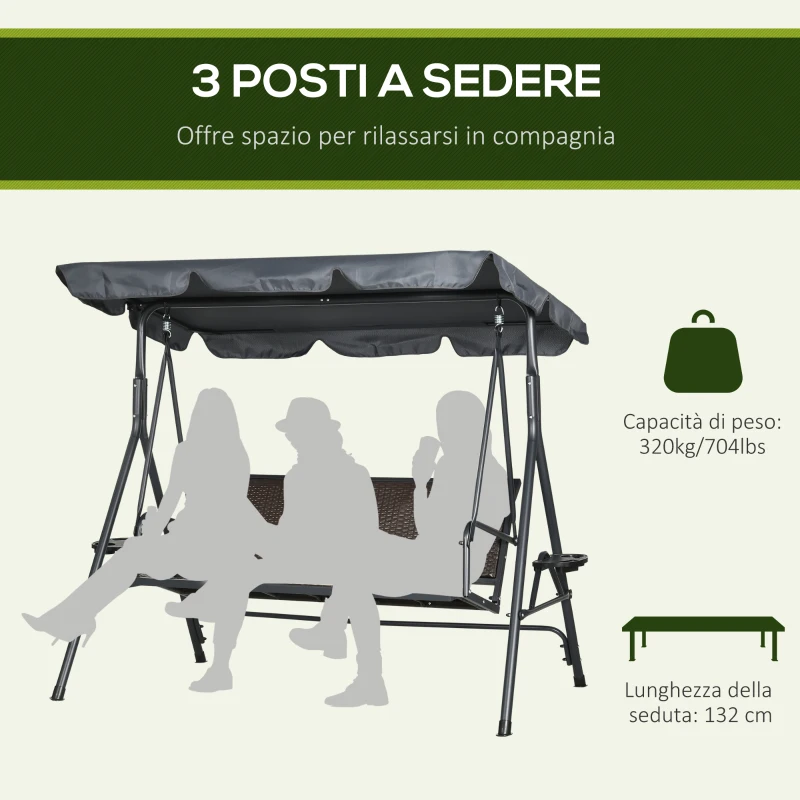 Outsunny Dondolo da Giardino 3 Posti in Rattan PE e Acciaio con Tettuccio Regolabile e Portabicchieri, 204x112x150 cm