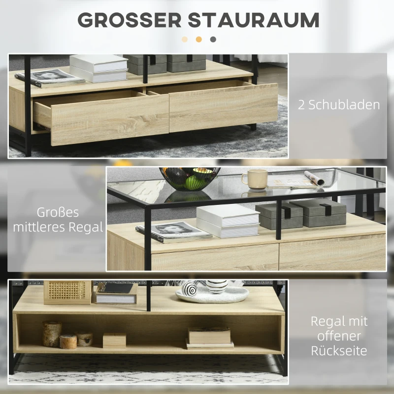 HOMCOM Couchtisch im Moderndesign, 2 Schubladen, 2 Regale, Beistelltisch, Natur, Schwarz