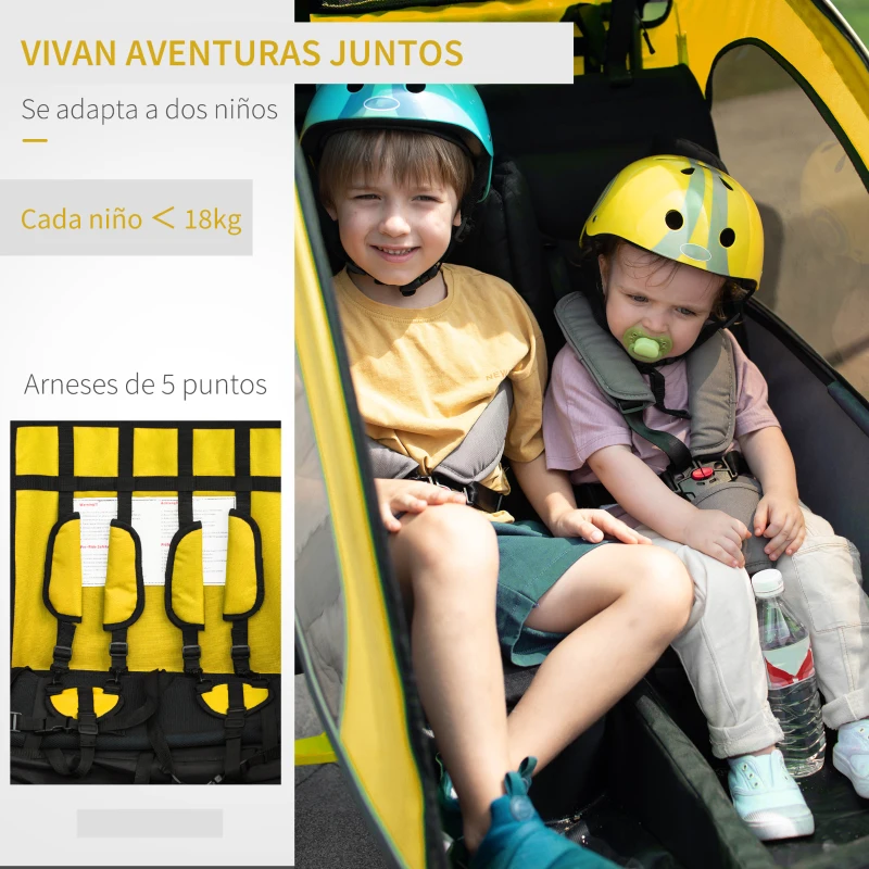 HOMCOM Remolque para Bicicleta con Barra para Niños de 2 Plazas con Rueda Delantera Giratoria 360° y Asiento Acolchado Carga Máx. 40 kg Amarillo