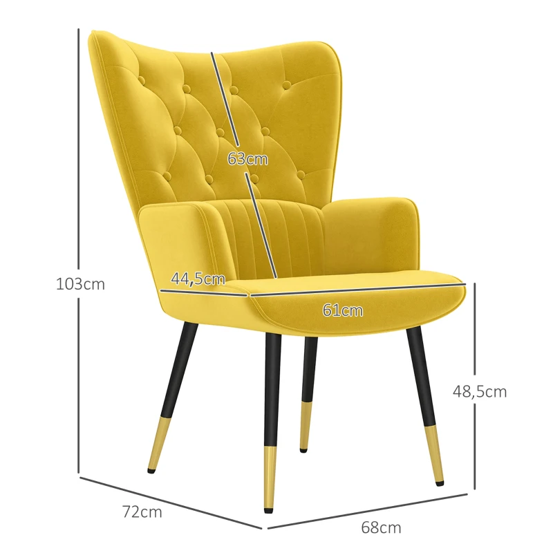 HOMCOM Butaca de Salón Sillón Individual Tapizado en Terciopelo con Respaldo Alto Estilo Moderno 68x72x103 cm Amarillo