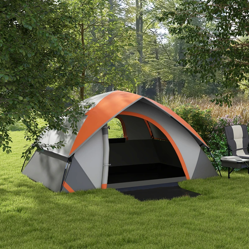 Outsunny Two Man Single Room Dome Tent, with Accessories - Orange/Grey