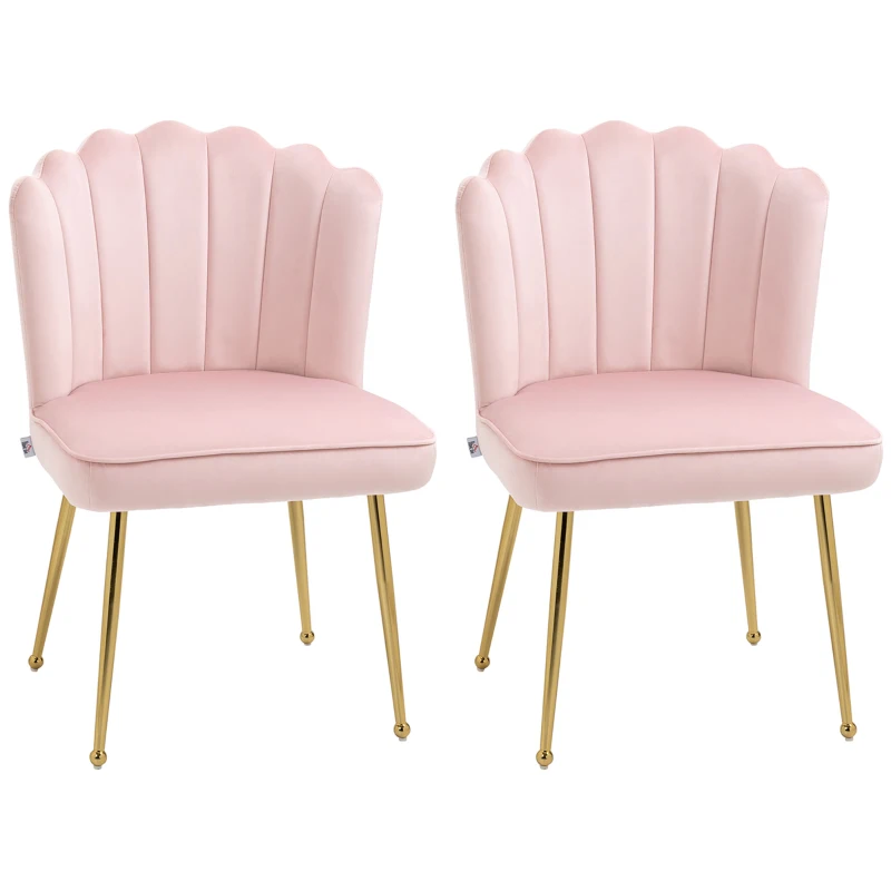 HOMCOM Shell Dining Chairs Set of 2, Upholstered Kitchen Chairs with Gold Metal Legs and Backrest, Velvet Fabric Lounge Leisure Chairs for Living Room, Reception Room, Pink