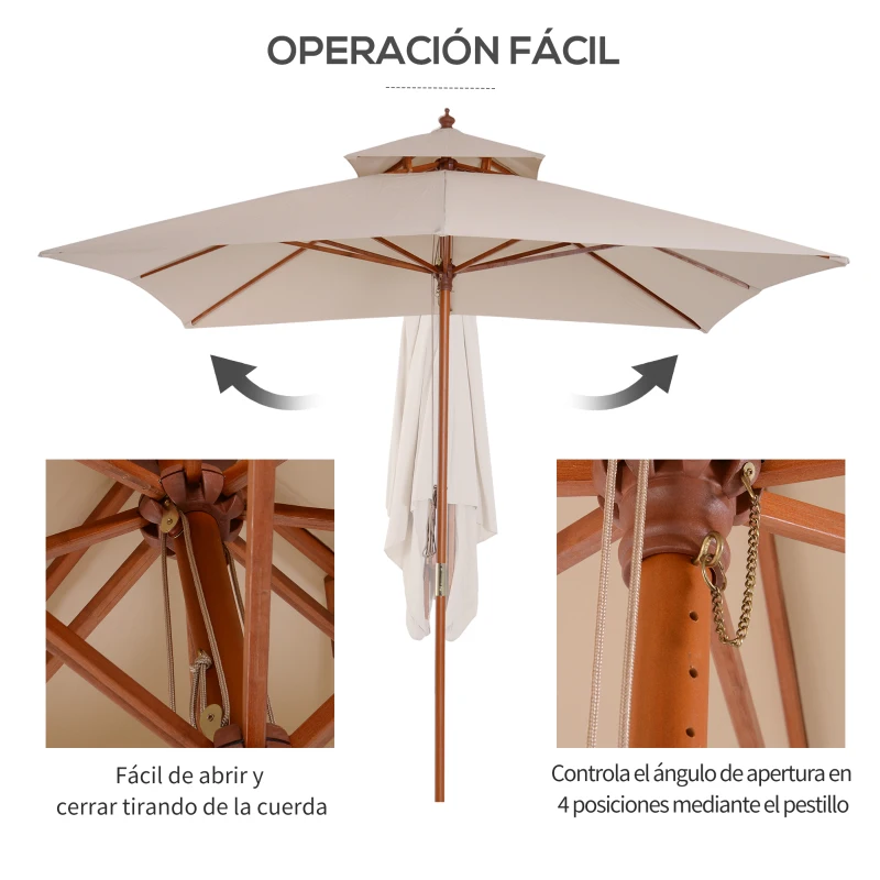 Outsunny Sombrilla de Jardín 3x3x3 m con Doble Techo Sistema de Polea Impermeable para Terraza Balcón Exterior Beige(m-6)