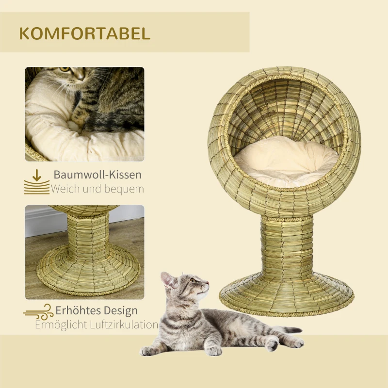 PawHut Katzenhöhle aus Seegras, 2-teilig, flexibel positionierbar, 41 cm x 41 cm x 71,5 cm, Natur