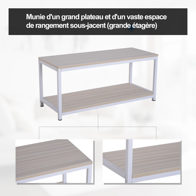 HOMCOM Table basse rectangulaire style industriel avec étagère 100L x 40l x 45H cm MDF E1 beige blanc