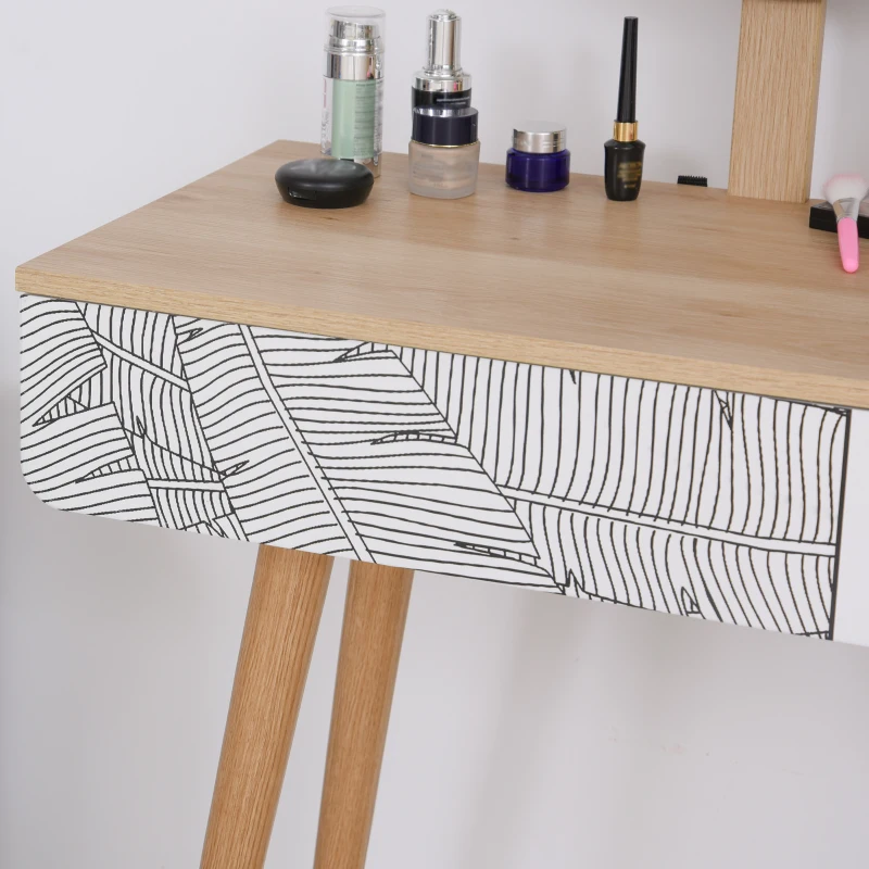 HOMCOM Schminktisch Kosmetiktisch mit Spiegel Frisierkommode Schmuck Schubladen Spanplatte Weiß+Eiche 70 x 39 x119-128 cm