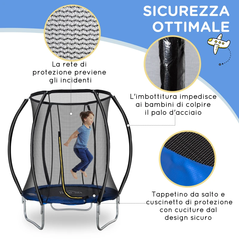 HOMCOM Trampolino Elastico Fitness Blu a 36 Molle per Adulti e Bambini con Rete di Protezione e 3 Gambe a U, Ø225x235 cm