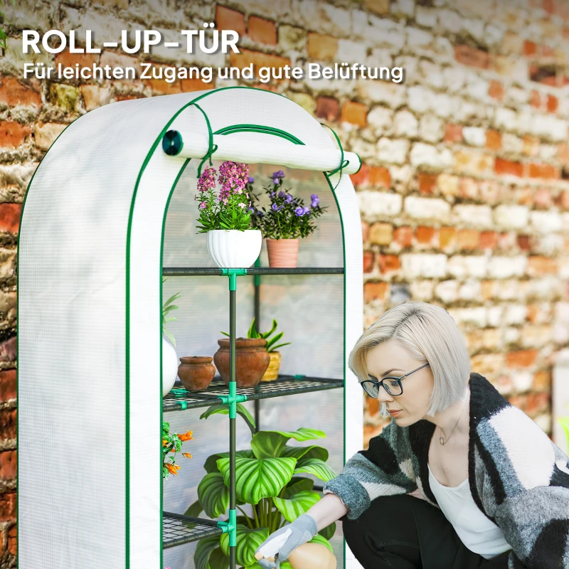 Outsunny Mini-Gewächshaus, 4-stufiges Gewächshaus mit Kunststoff-Plane, tragbar, Rolltür, 100 x 45 x 160 cm, Weiß