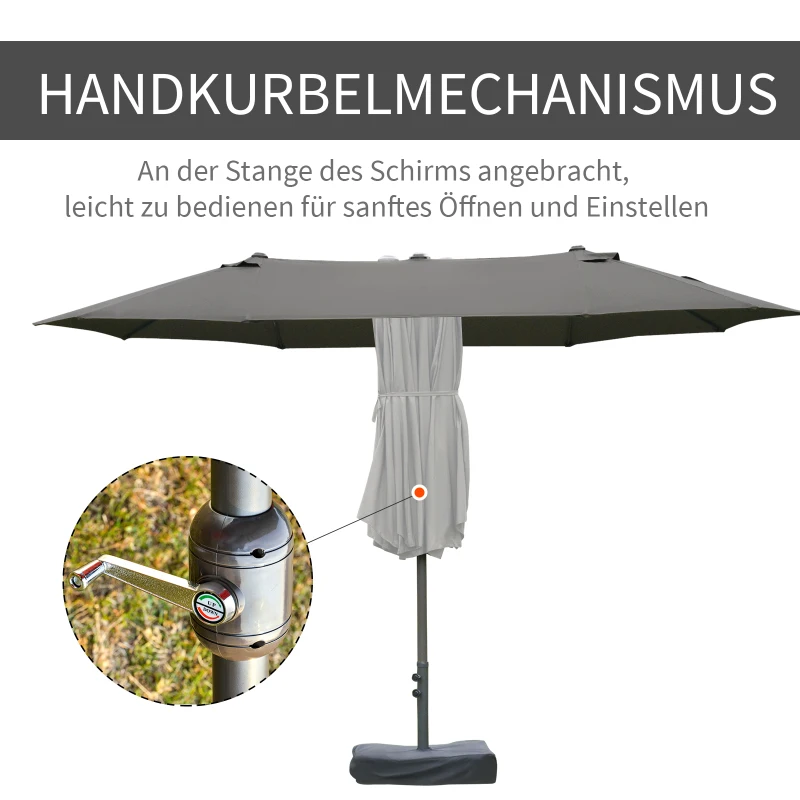 Outsunny Sonnenschirm Gartenschirm Marktschirm Doppelsonnenschirm Terrassenschirm mit Schirmständer Handkurbel Dunkelgrau Oval 460 x 270 x 240 cm