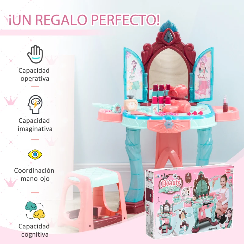 AIYAPLAY Tocador Infantil para +3 Años con Taburete Espejo Luz y Música Tocador de Maquillaje 57x34x76 cm Multicolor
