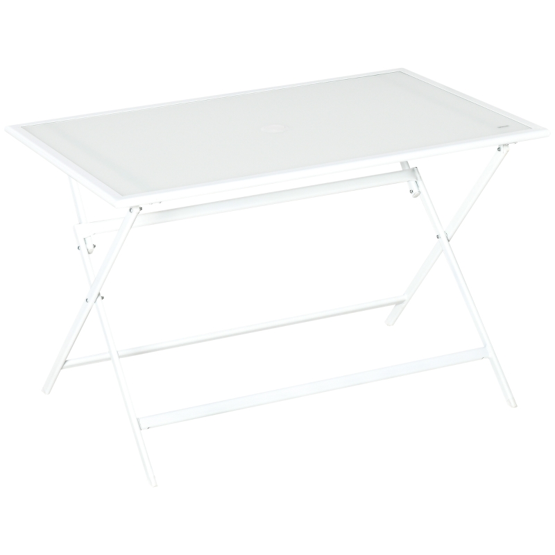 Outsunny Klapptisch Gartentisch mit Ø42mm Ø50mm Schirmloch Falttisch klappbar Beistelltisch Balkontisch Picknicktisch Esstisch Metall gehärtetes Glas Weiß 110 x 70 x 70 cm
