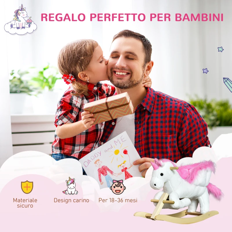 HOMCOM Cavallo a Dondolo Unicorno con Musica in Metallo e Legno 65x32x55cm