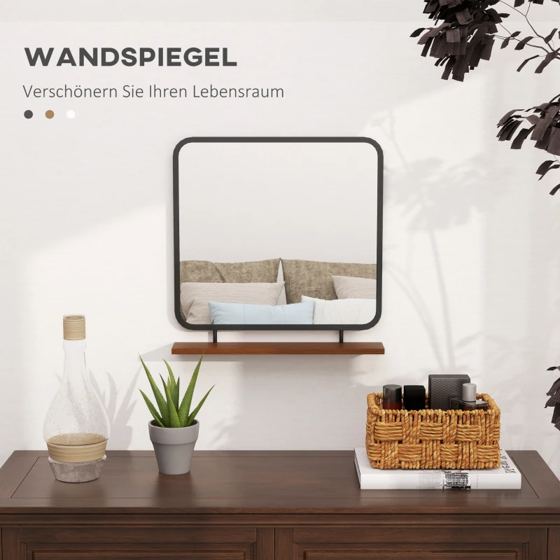 HOMCOM Wandspiegel mit Ablage, Vintage-Design, Metallrahmen, Paulownia-Holz, 55 x 55,5 cm, Schwarz/Holz