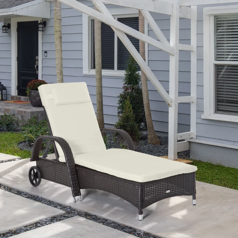 Outsunny Transat bain de soleil grand confort : matelas, têtière, inclinaison réglable multipositions, accoudoirs, roulettes résine tressée marron foncé