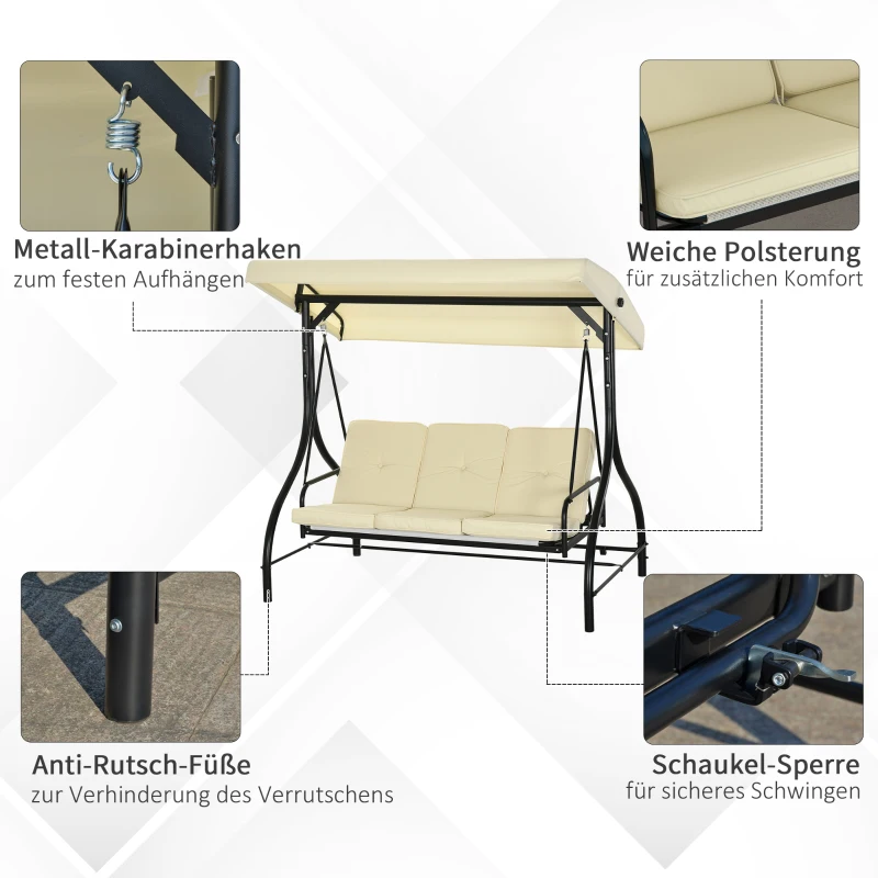 Outsunny Schaukelbank, Hollywoodschaukel mit Sonnenschutz, Gartenschaukel, Verandaschaukel, 3 Sitze, Schaukelbett(m-6)