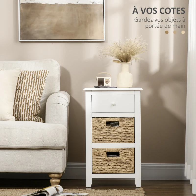 HOMCOM Table d'appoint, Bout de canapé, Chevet avec 1 tiroir et 2 paniers amovibles naturels effet rotin et MDF blanc