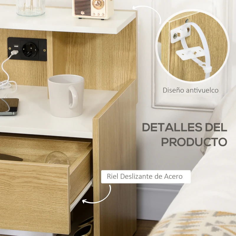 HOMCOM Mesilla de Noche con Puertos USB Toma de Corriente Cajón y Estantes Mesa de Noche 40x40x60 cm Natural