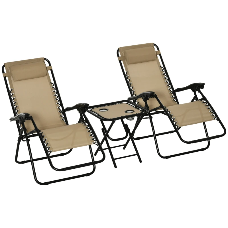 Outsunny Folding Zero Gravity Chairs, 3 Pieces Adjustable Sun Lounger and Table Set with Cup Holder and Headrest, Patio Bistro Set with Reclining Garden Chairs for Outdoor, Beige