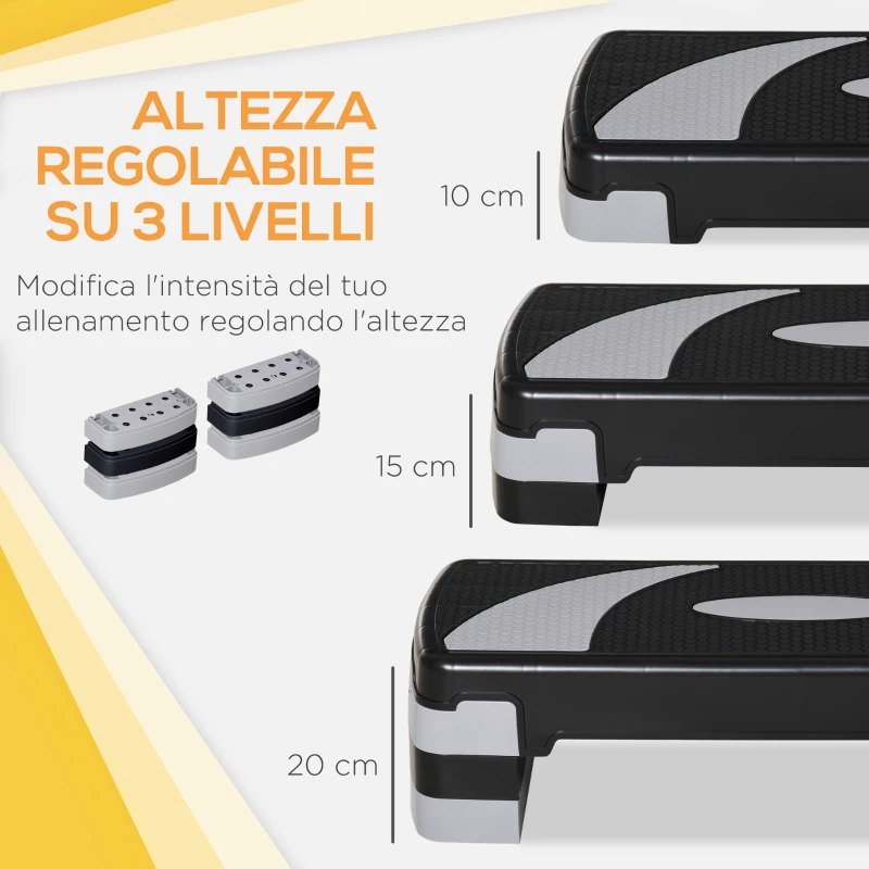 HOMCOM Stepper da Aerobica Regolabile in Altezza 10-15-20 cm Antiscivolo, Nero e Grigio