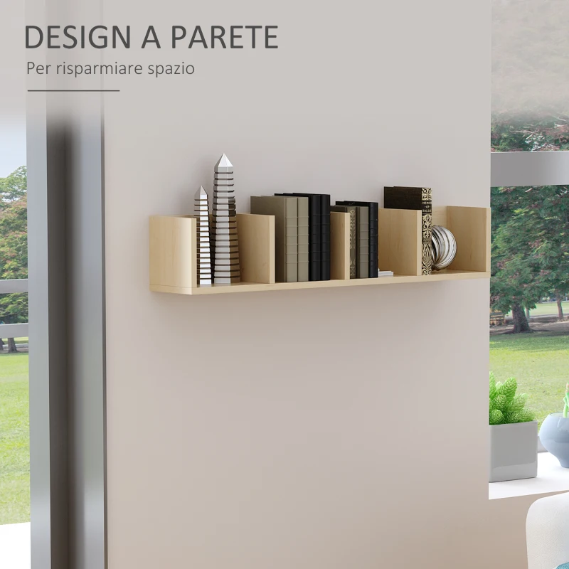 HOMCOM Mensola da Muro Salvaspazio in Legno, Mobile Porta CD con 4 Vani per Soggiorno, Camera e Ufficio, 95x17x16.5cm