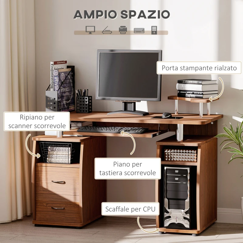 HOMCOM Scrivania per Computer Moderna Porta PC in Legno con Cassetti, Scrivania Salvaspazio Con Libreria, Mensola Estraibile e Porta Tastiera, 120x55x85cm, Marrone