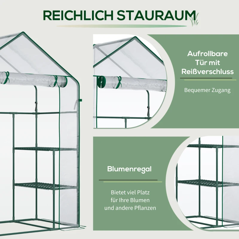 Outsunny Foliengewächshaus begehbares Gartenhäuschen Tomatengewächshaus Treibhaus Frühbeet mit 6 Regalen Transparent Stahl PVC-Kunststoff 142 x 73 x 195 cm