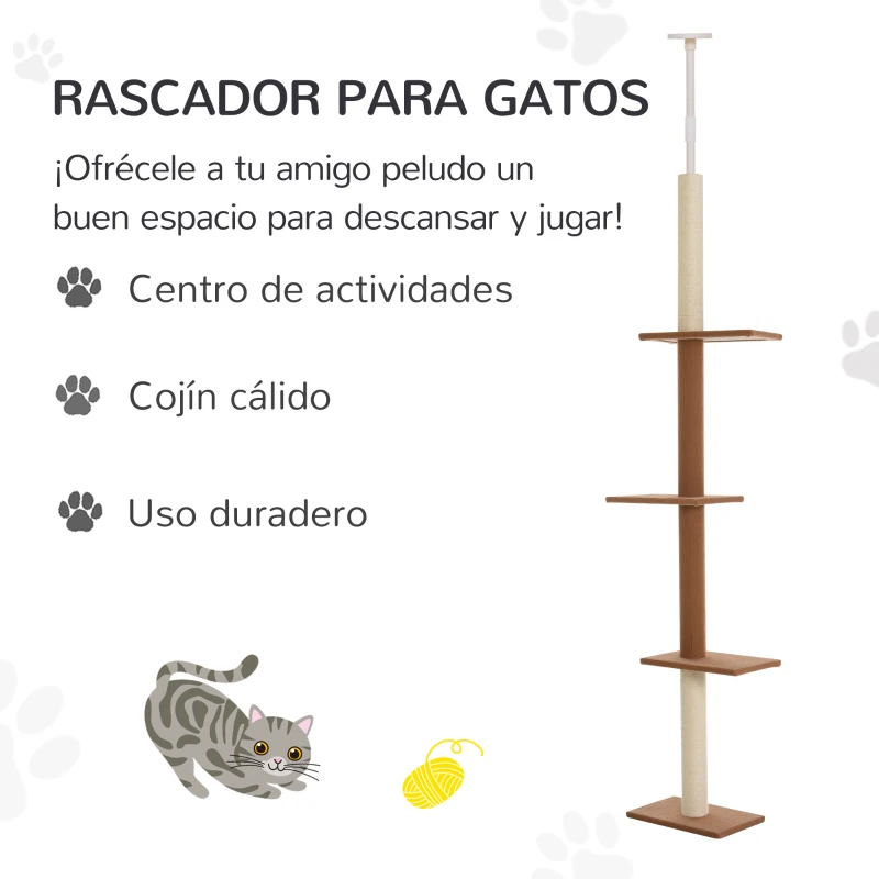 PawHut Árbol Rascador para Gatos de Suelo a Techo Torre para Gatos con Altura Ajustable y Plataformas 43x27x228-260 cm Marrón