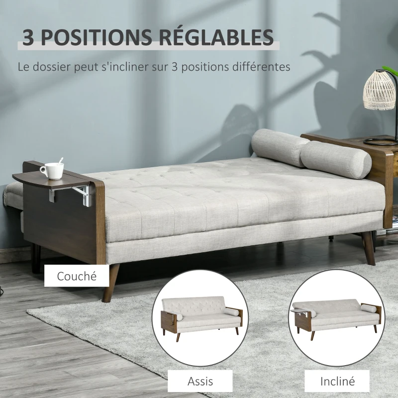 HOMCOM Canapé Convertible 3 Places Design scandinave Dossier inclinable 3 Positions Tablette Rabattable 2 Coussins Inclus Pieds effilés Bois Eucalyptus fumé Tissu Coton Polyester Aspect Lin Beige