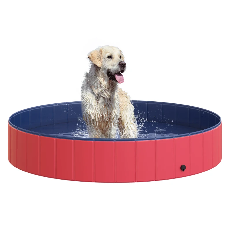 PawHut Hundebadewanne faltbar Badewanne Hundepool Plantschbecken Swimmingpool Wasserbecken für Hunde und Katzen Schwimmbecken Kunststoff+Holz Rot Ø160 x 30H cm