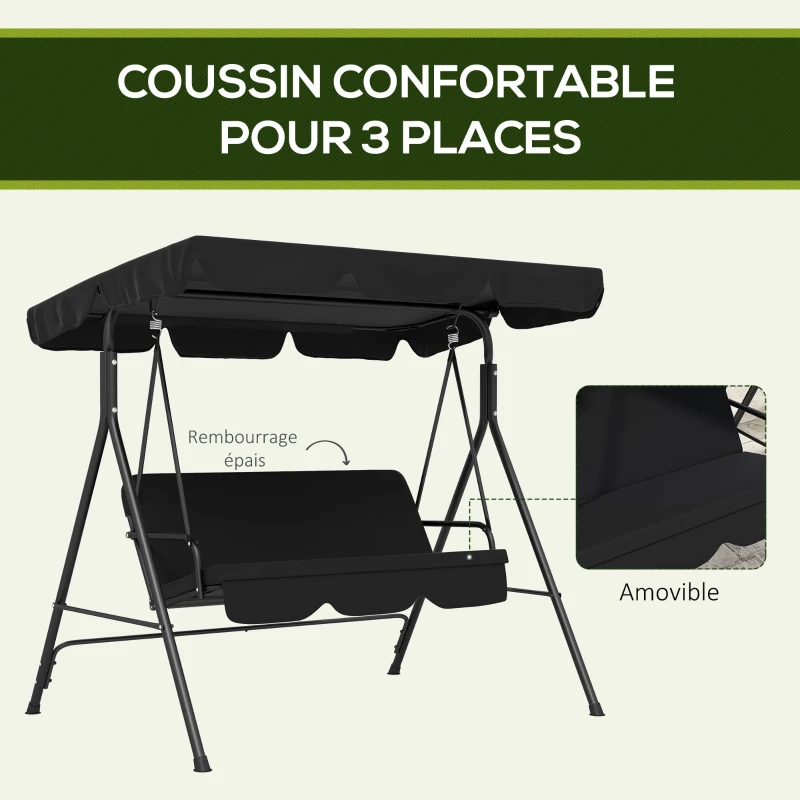 Outsunny Balancelle de Jardin 3 Places Toit Inclinaison réglable Coussins Assise et Dossier Acier Noir Polyester Noire