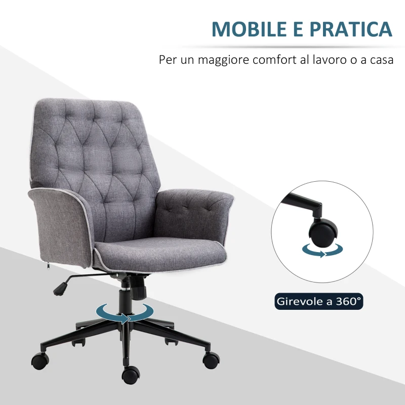 HOMCOM Sedia da Ufficio Imbottita ad Altezza Regolabile, in Tessuto Effetto Lino, 66x69x89.5-97 cm, Grigio