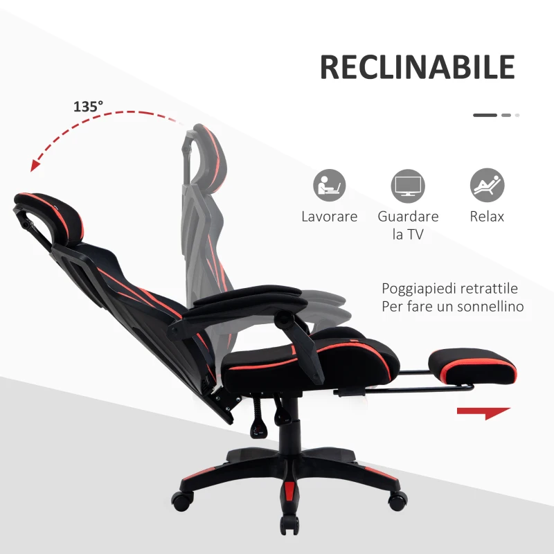 Vinsetto Sedia da Ufficio Ergonomica Altezza Regolabile, Poltrona con Schienale Reclinabile e Poggiapiedi, 65x65x119-129cm, Nero Rosso