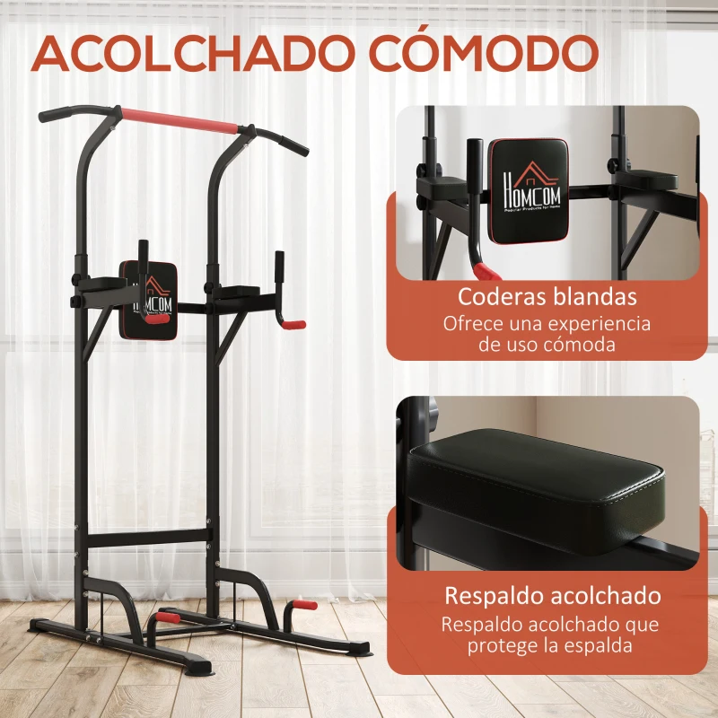 HOMCOM Máquina de Dominadas con Altura Ajustable Carga Máx. 120 kg para Entrenamiento Fitness 123x98x189-239 cm Negro y Rojo