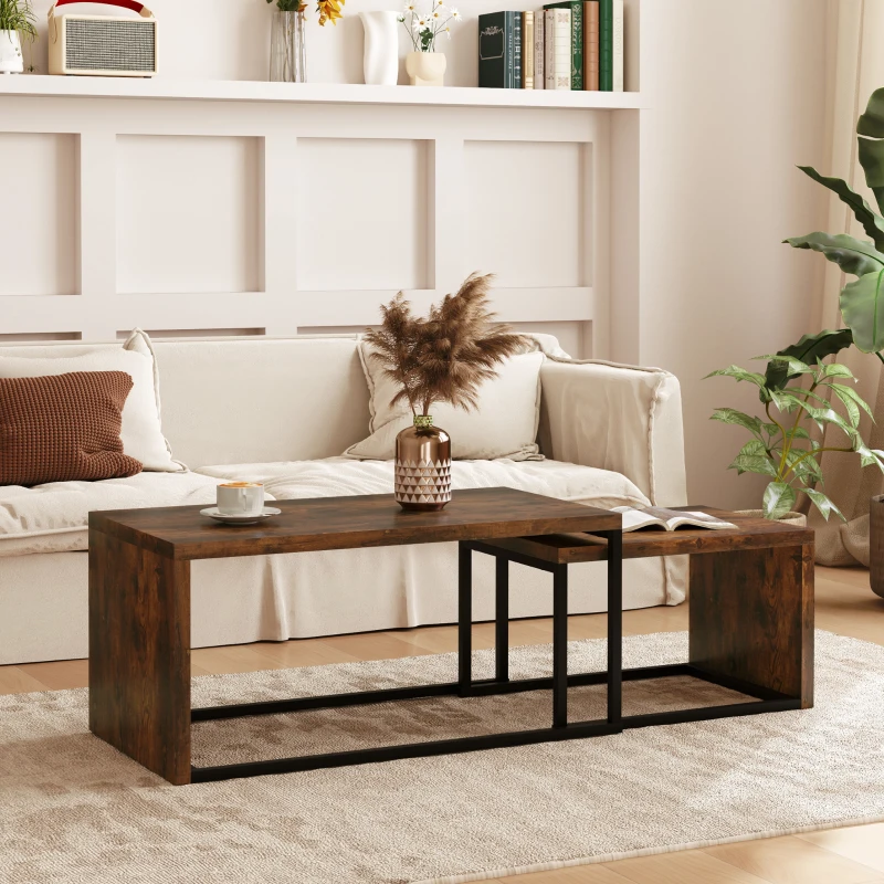 HOMCOM 2er-Set Couchtisch, Sofatisch, Beistelltisch, MDF, Metall, 90 x 48 x 42 cm/59 x 42 x 36 cm, Schwarz+Braun(m-2)