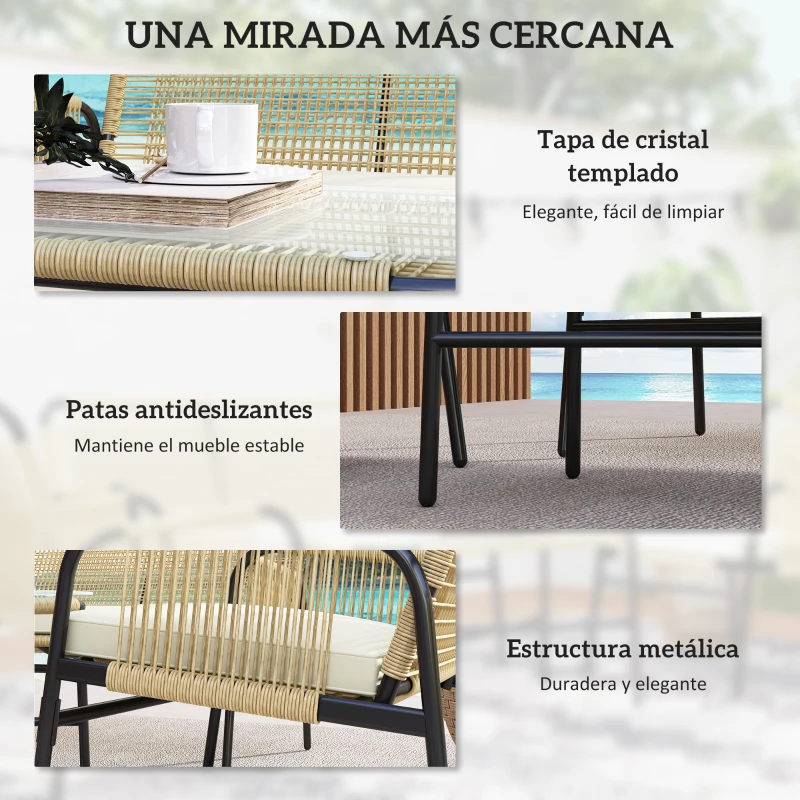 Outsunny Conjunto de Jardín de Ratán Sintético con 2 Sillones 1 Sofá de 2 Plazas 1 Mesa de Centro con Cojines Natural y Negro
