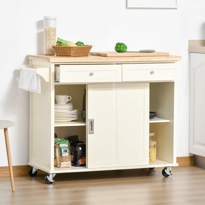 HOMCOM Desserte îlot de cuisine - 2 tiroirs, 2 placards portes coulissantes avec étagères - dim. 110L x 49l x 89H cm - MDF écru plateau bois caoutchouc