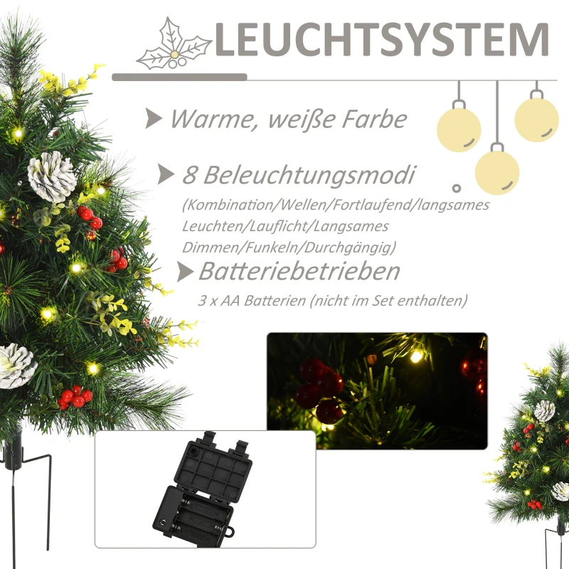 HOMCOM 2-er Set Weihnachtsbäume, Künstlicher Mini-Christbaum mit LED-Lichtern, Kunststoff, Metall, Ø33 x 75 cm, Grün
