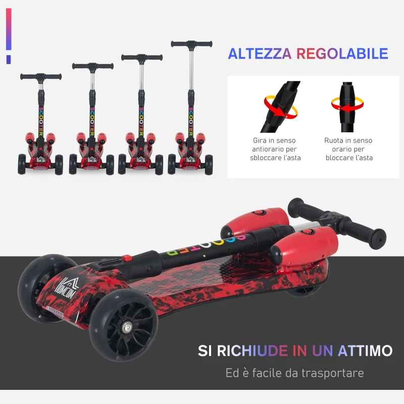 HOMCOM Monopattino a 3 Ruote per Bambini Piccoli 3-6 Anni, Pieghevole, Regolabile con Musica, Ruote Luminose e Razzi, Rosso