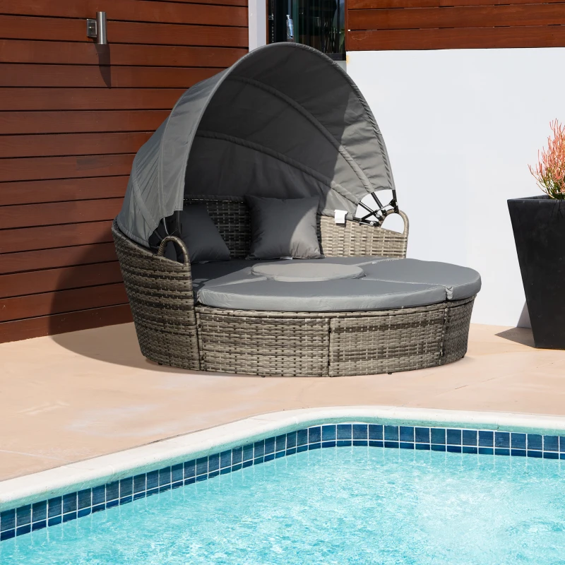 Outsunny Outdoor PE Rattan Garden Furniture with Cushioned, Patio Wicker Conversation Furniture Set, Round Daybed with Retractable Canopy, Coffee Table and Three Pillows, Dark Grey/Grey