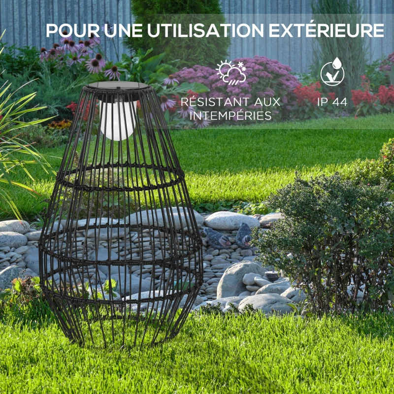 Outsunny Lampe à poser luminaire LED de jardin solaire en résine tressée imitation rotin - 34 x 34 x 56 cm noir