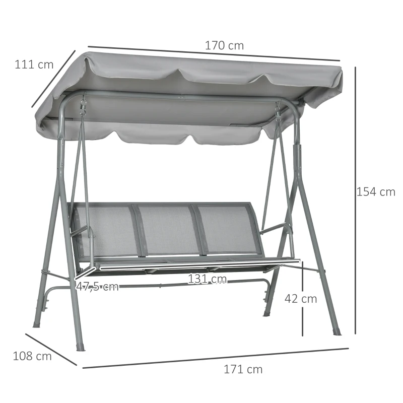 Outsunny Hollywoodschaukel mit verstellbarem Sonnendach, 3-Sitzer Gartenschaukel mit Anti-Rutsch-Füßen, Schaukelbank belastbar bis 240 kg, Gartenliege für Garten, Terasse, 170x110x153cm, Grau+Silber
