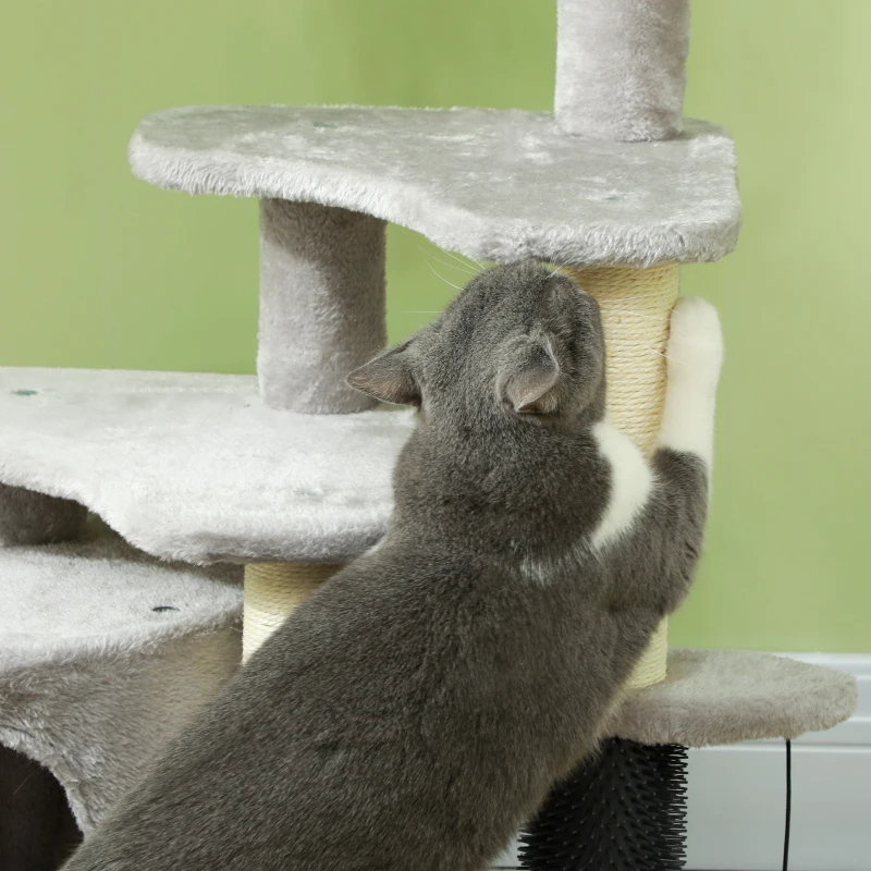 PawHut Katzen-Spielzentrum mit Kratzbaum, Bett, Spielbällen, Plüsch, 60 x 39 x 87 cm, Hellgrau/Creme