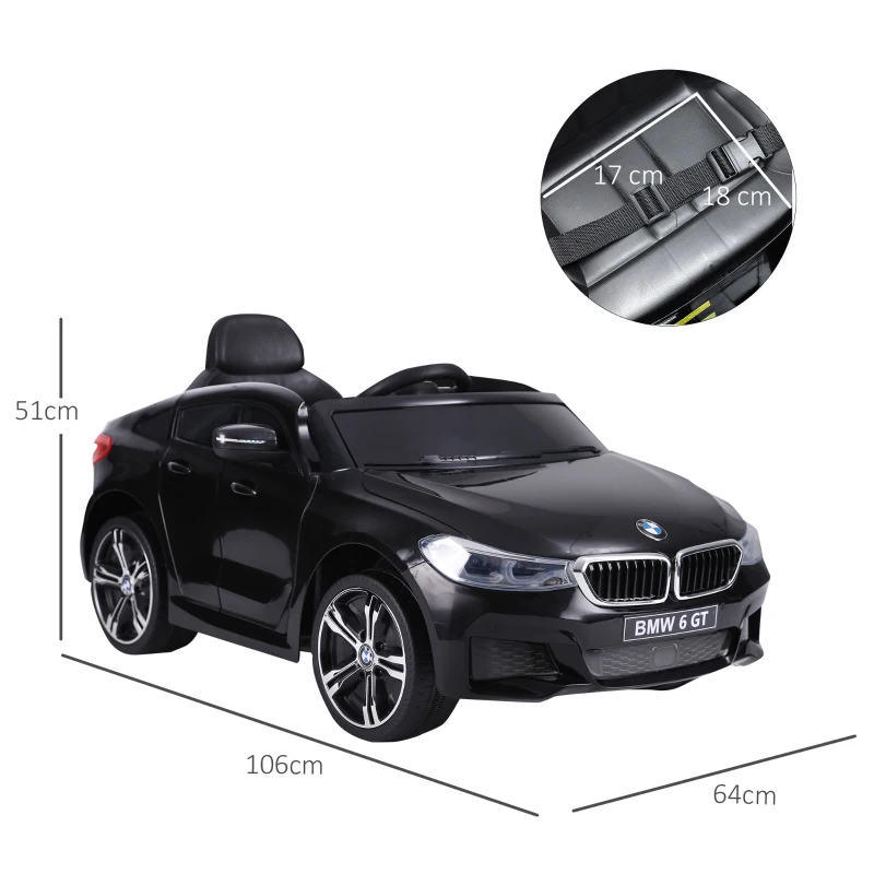 HOMCOM Macchina Elettrica per Bambini BMW 6GT 6V, Macchina Telecomandata con Musica e Fari LED, MP3, Clacson, 106 x 64 x 51 cm, Nero