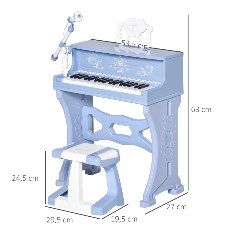 HOMCOM Piano Electrónico Infantil de 37 Teclas Juego de Piano con Modelo Pedagógico Micrófono Taburete Luces y 22 Canciones USB/MP3/Bluetooth Karaoke 53,5x27x63 cm Azul