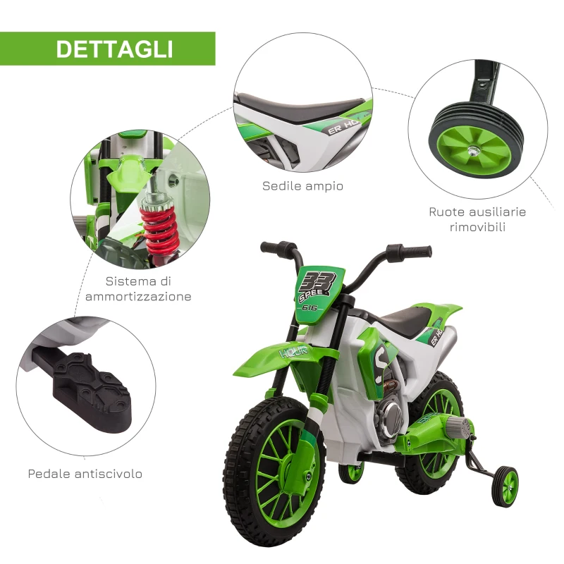 HOMCOM Moto da Cross Elettrica per Bambini con Rotelle, in PP e Metallo, 106.5x51.5x68 cm, Verde