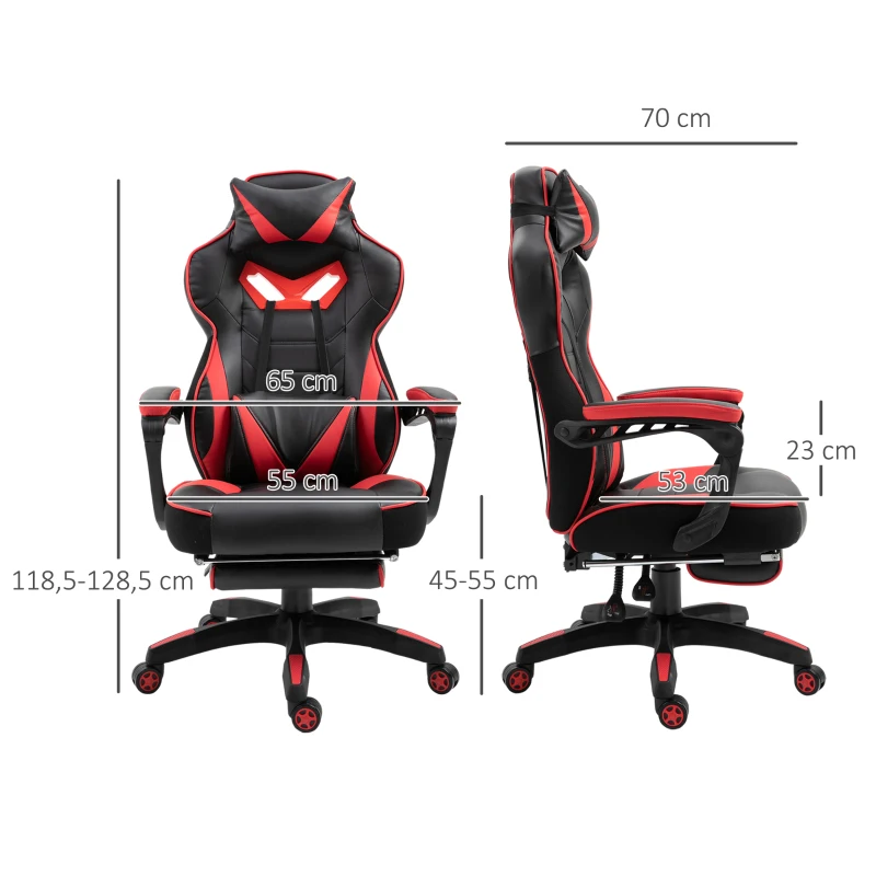 Vinsetto Silla Gaming Ergonómica Silla de Escritorio de Oficina Regulable en Altura Reclinable Respaldo 65x70x118,5-128,5cm Rojo