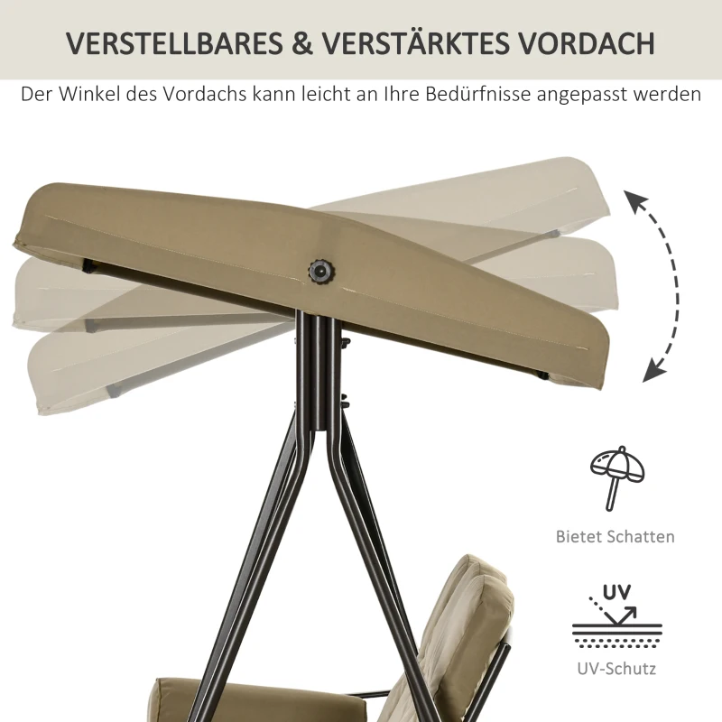 Outsunny 3-Sitzer Hollywoodschaukel Gartenschaukel mit Sonnendach Kissen Metall Polyester Khaki 116 x 206 x 183 cm
